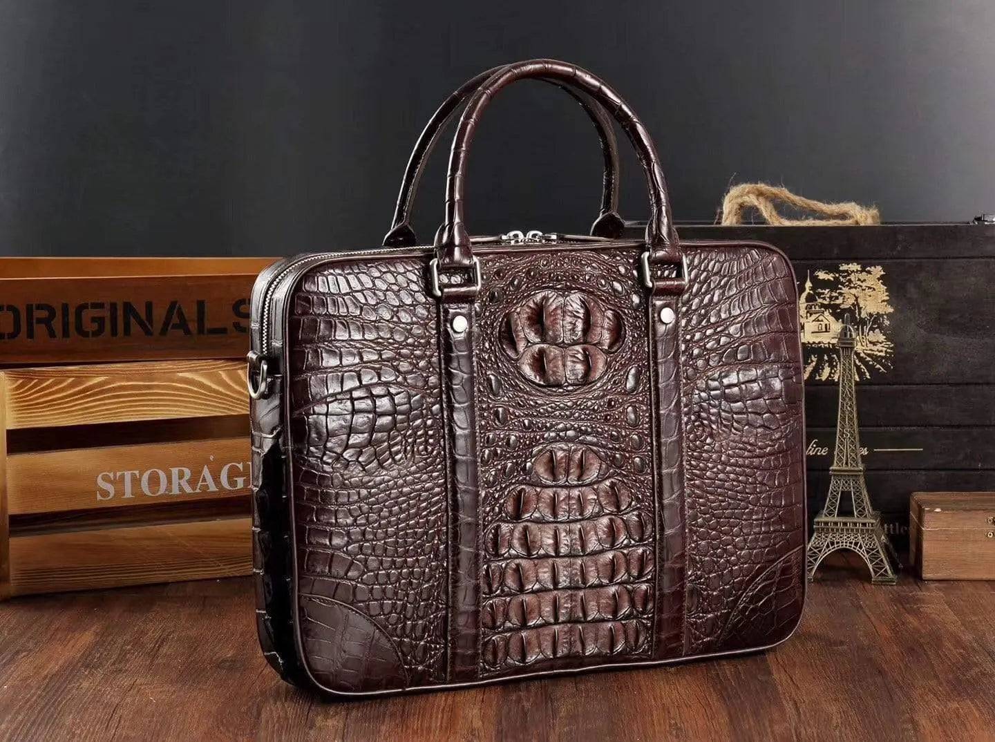 Men's crocodile leather briefcase by Rossie Viren, stylish messenger bag with laptop compartment and elegant leather finish.