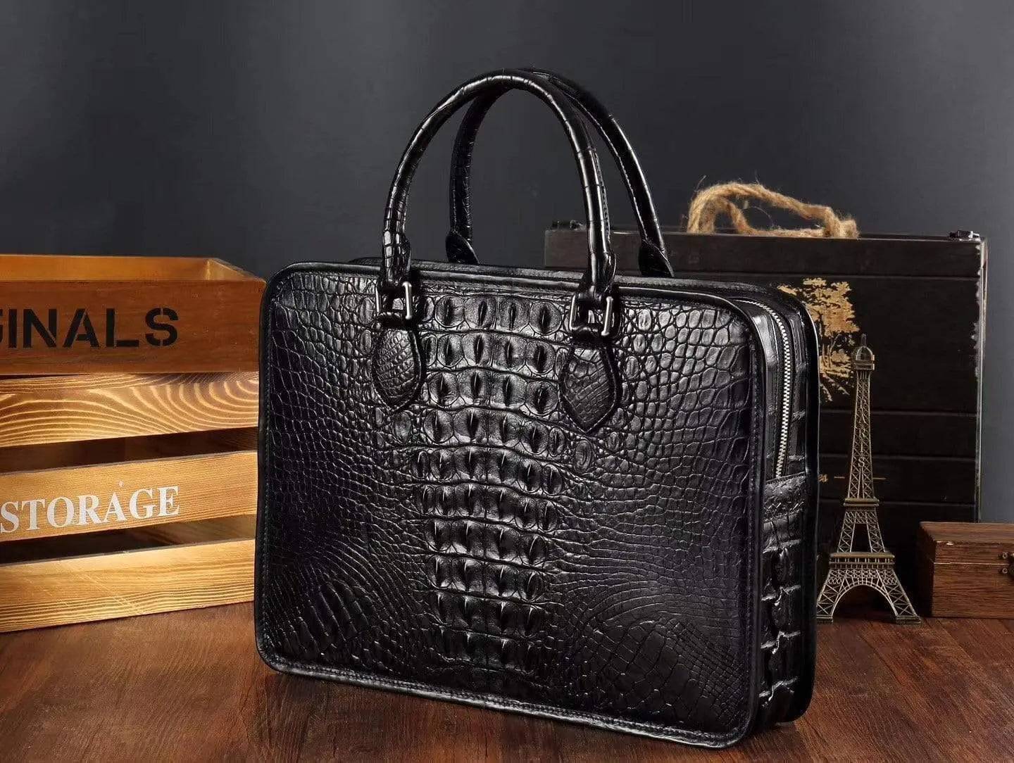 Men's crocodile leather briefcase with top handle, Rossie Viren handbag featuring a sleek, professional design and textured crocodile pattern.