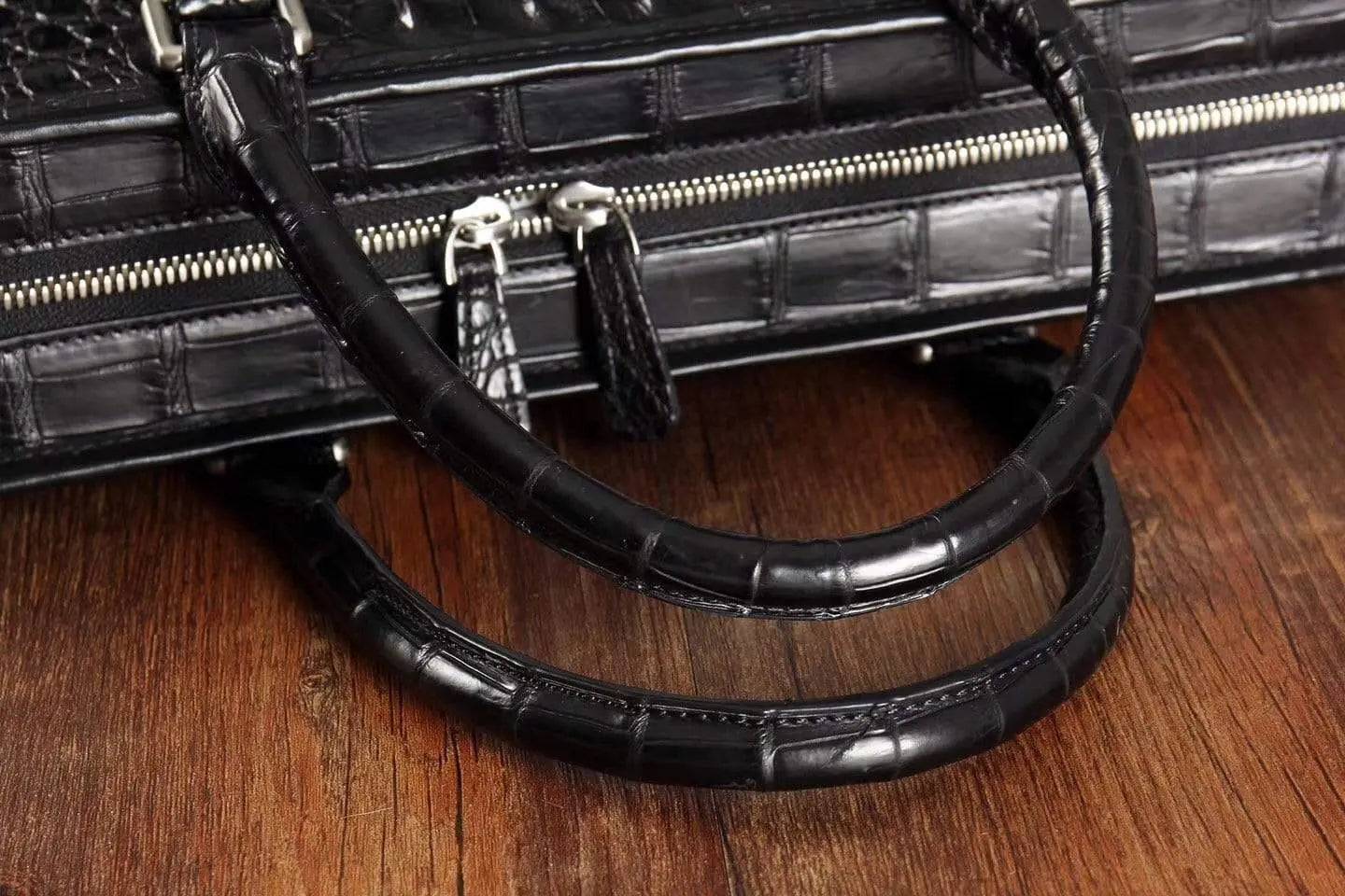 Men's crocodile leather briefcase with top handle, Rossie Viren handbag featuring a sleek, professional design and textured crocodile pattern.