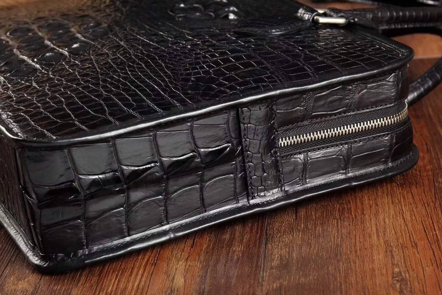 Men's crocodile leather briefcase with top handle, Rossie Viren handbag featuring a sleek, textured crocodile pattern and sturdy design.