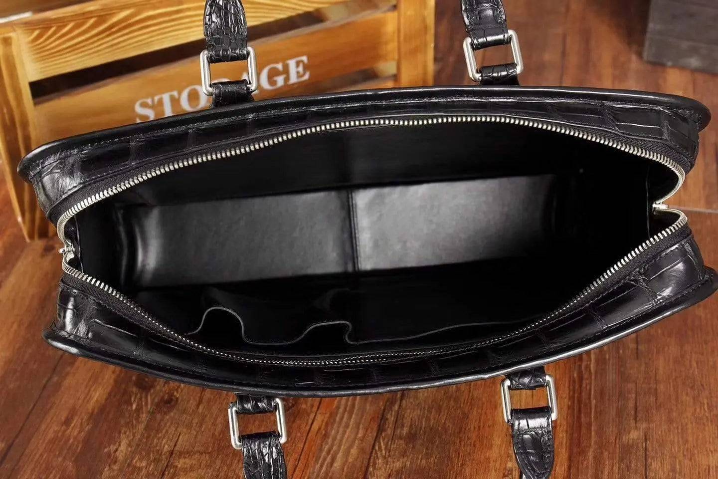 Men's crocodile leather briefcase with top handle, Rossie Viren handbag showcasing textured crocodile pattern and sleek design.