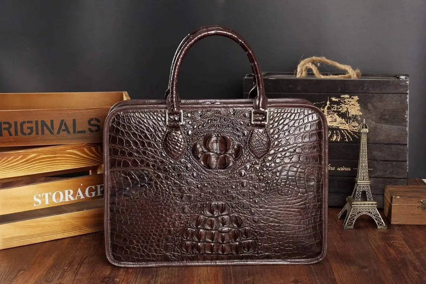 Men's crocodile leather briefcase with top handle, Rossie Viren handbag featuring a sleek, professional design.