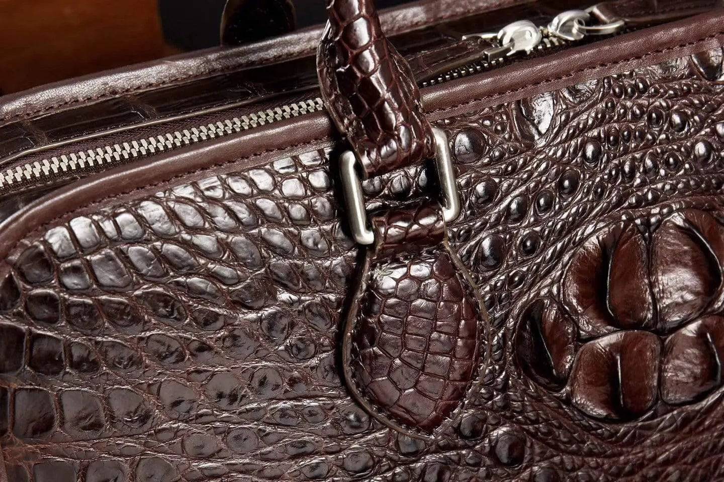 Men's crocodile leather briefcase with top handle, Rossie Viren handbag featuring a sleek, professional design and textured crocodile pattern.