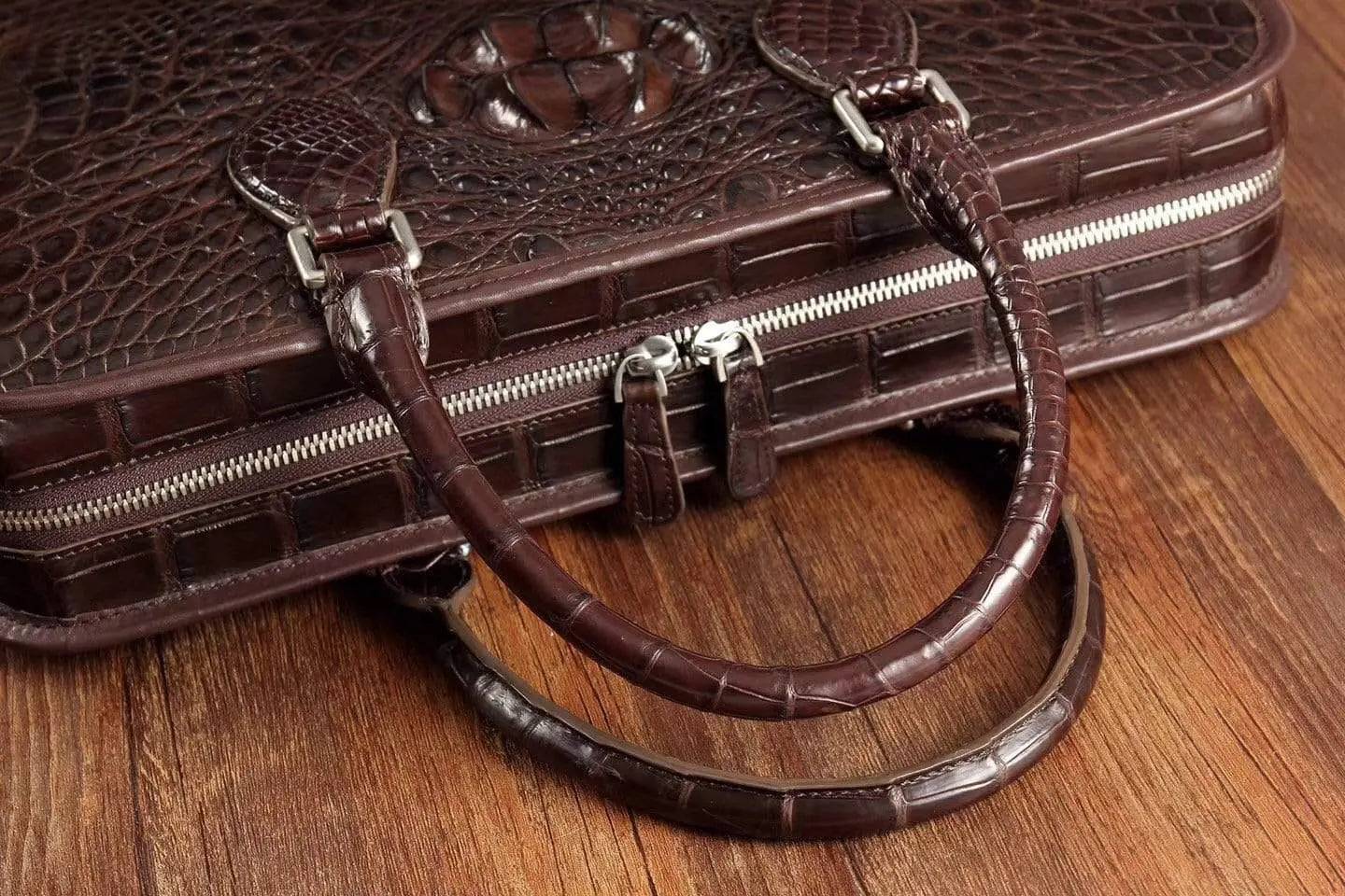 Men's crocodile leather briefcase with top handle, Rossie Viren handbag featuring a sleek, professional design and textured crocodile pattern.
