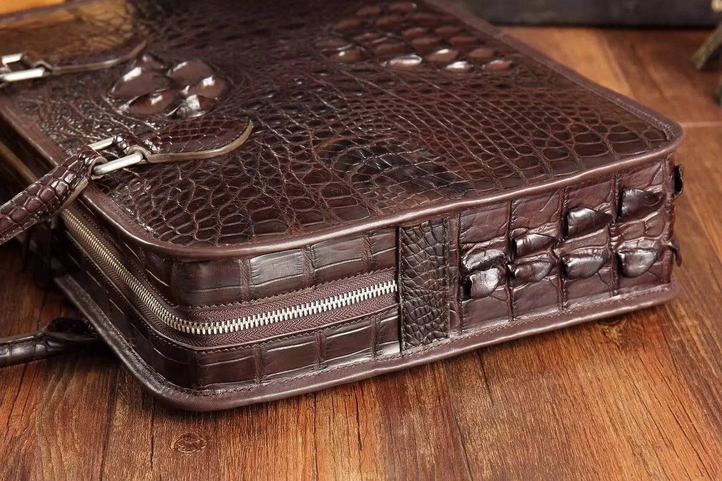 Men's crocodile leather briefcase with top handle, Rossie Viren handbag featuring a sleek, professional design.