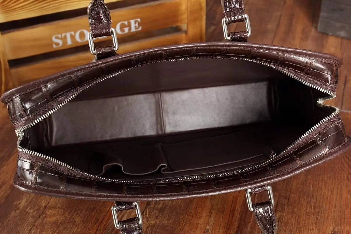 Men's crocodile leather briefcase with top handle, Rossie Viren handbag featuring a sleek, textured exterior and classic design.