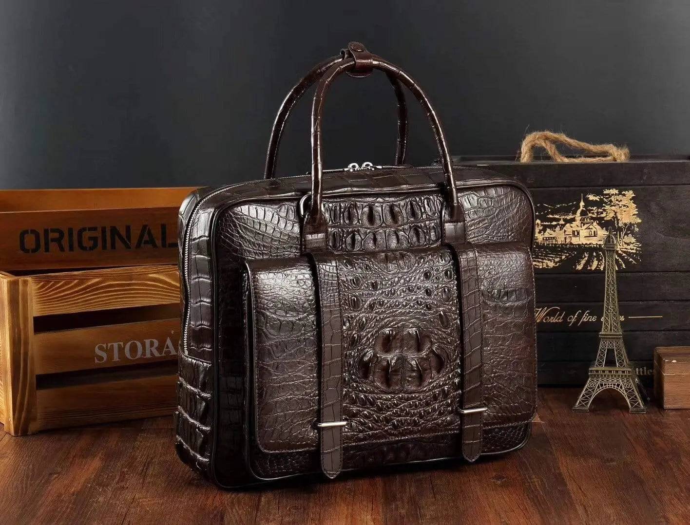 Men's crocodile leather briefcase and messenger bag by Rossie Viren, large leather laptop bag with front pocket and sturdy handle.