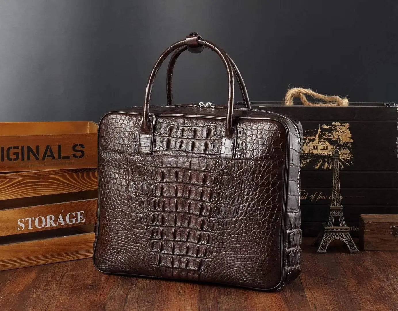 Men's crocodile leather large briefcase and messenger bag by Rossie Viren, featuring a front pocket and spacious interior.