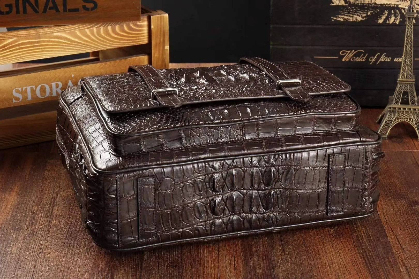 Men's crocodile leather large briefcase and messenger bag by Rossie Viren, featuring a front pocket and spacious interior.