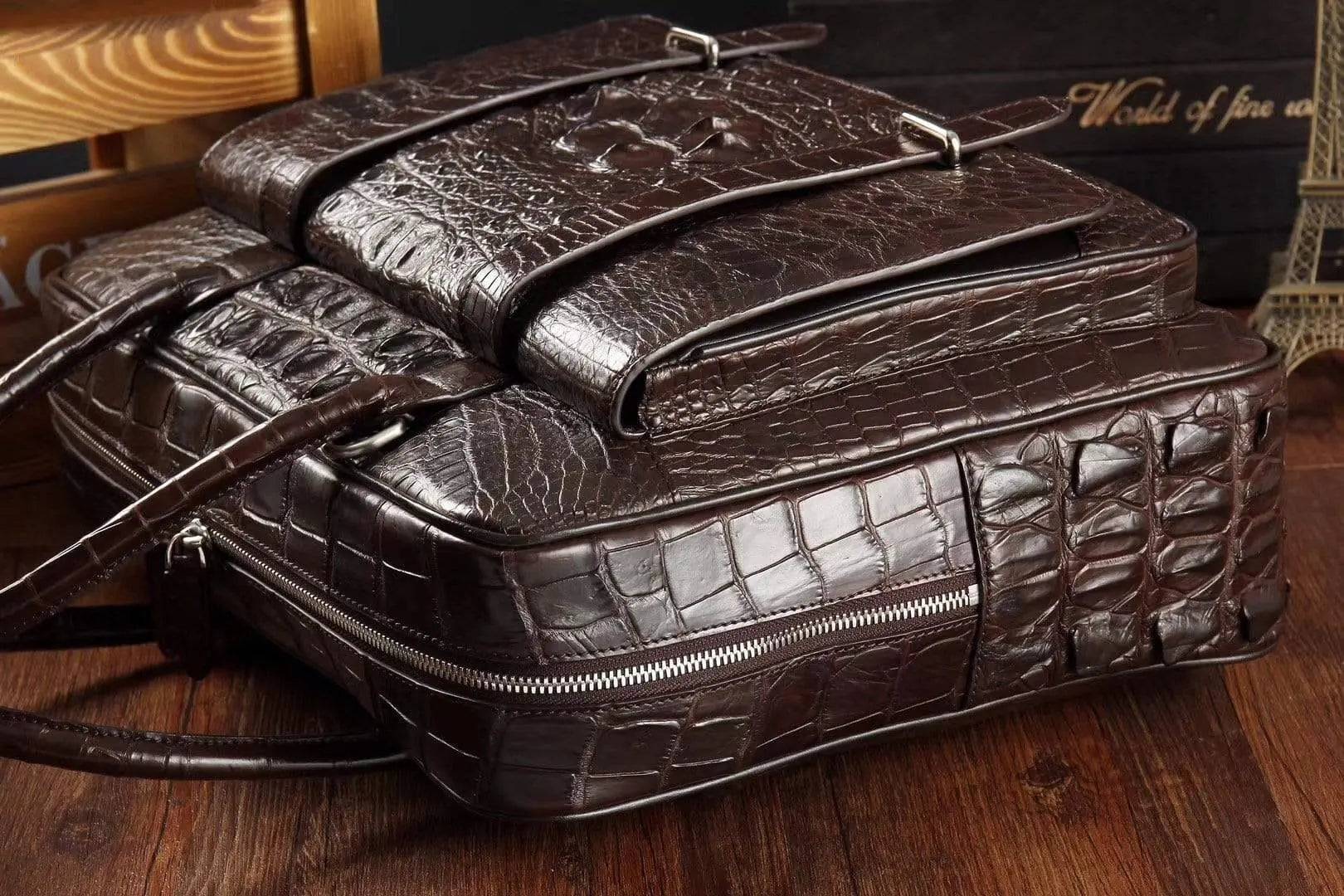 Men's crocodile leather large briefcase and messenger bag with front pocket, Rossie Viren handbag for laptops and business use.