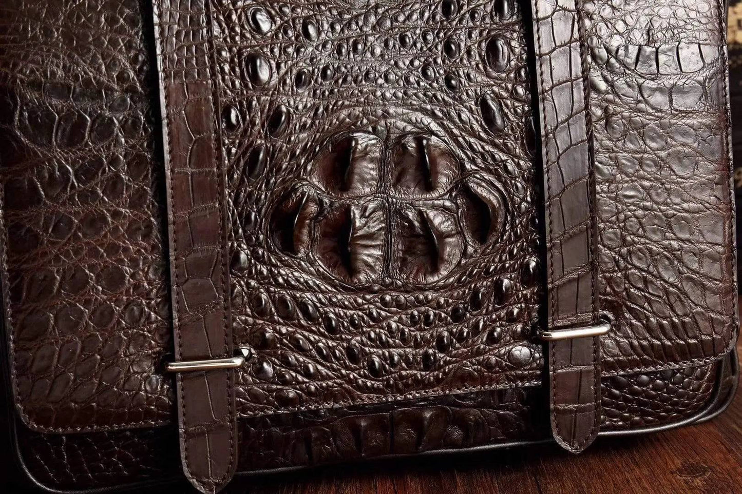 Men's crocodile leather large briefcase and messenger bag by Rossie Viren with front pocket, designed for laptops and professional use.