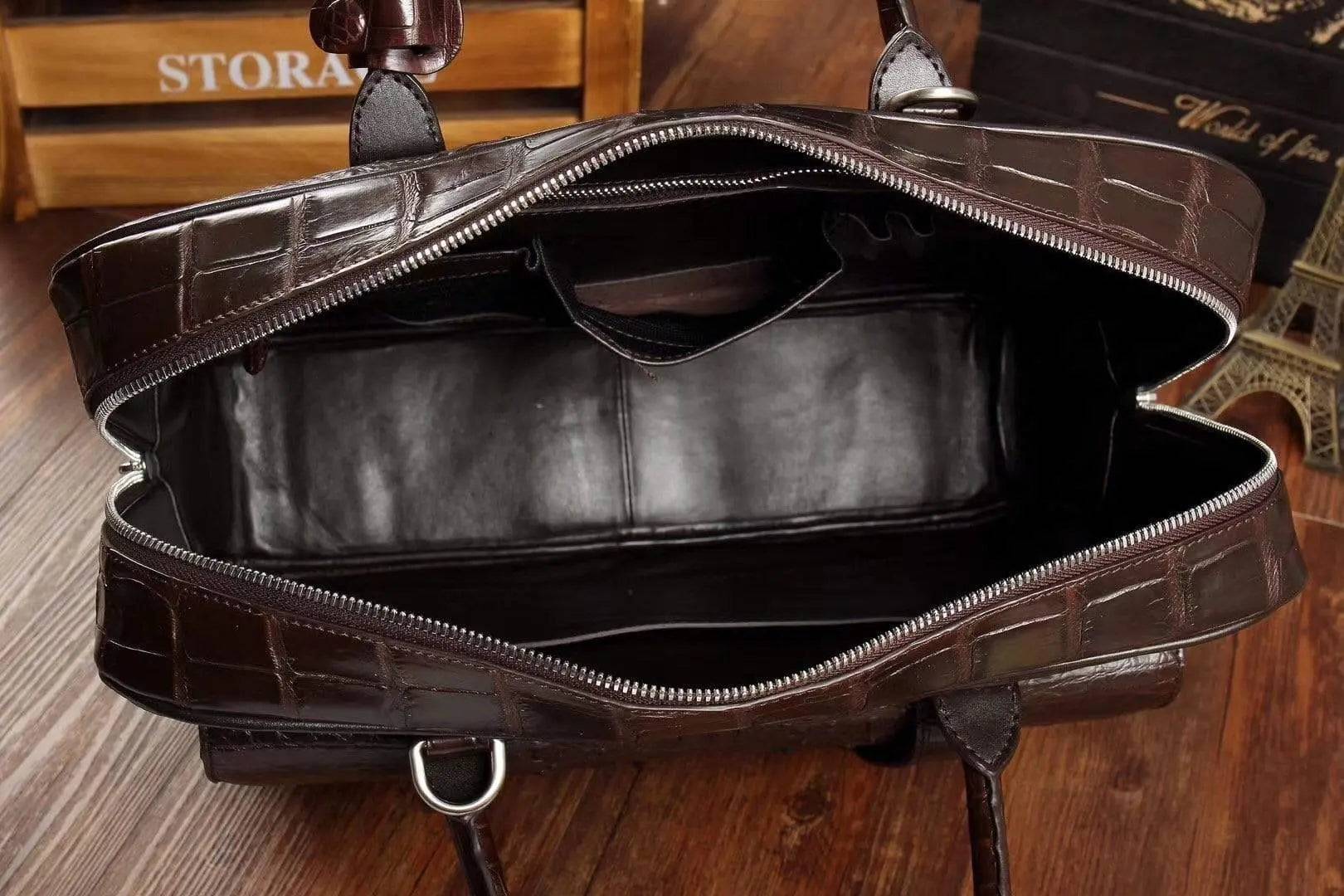 Rossie Viren men's crocodile leather large briefcase with front pocket, messenger style, and laptop compartment.