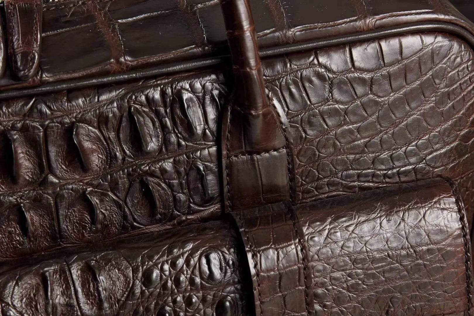 Men's crocodile leather large briefcase and messenger bag with front pocket, designed for laptops, by Rossie Viren.
