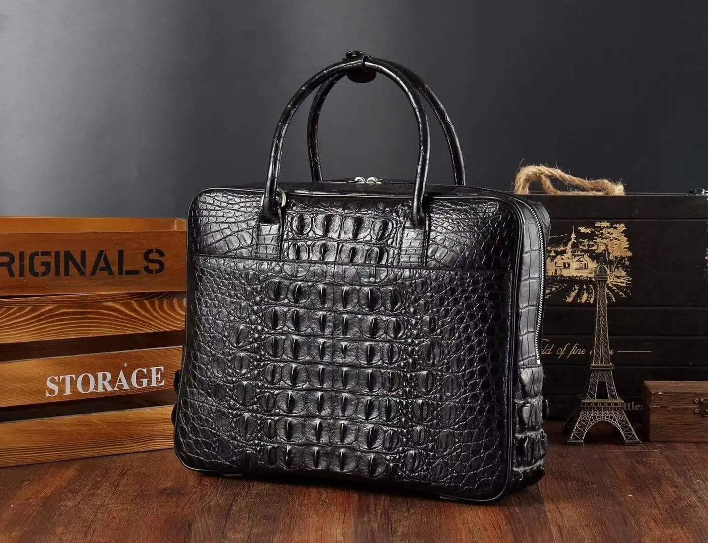 Men's crocodile leather briefcase by Rossie Viren, large messenger bag with front pocket and laptop compartment.