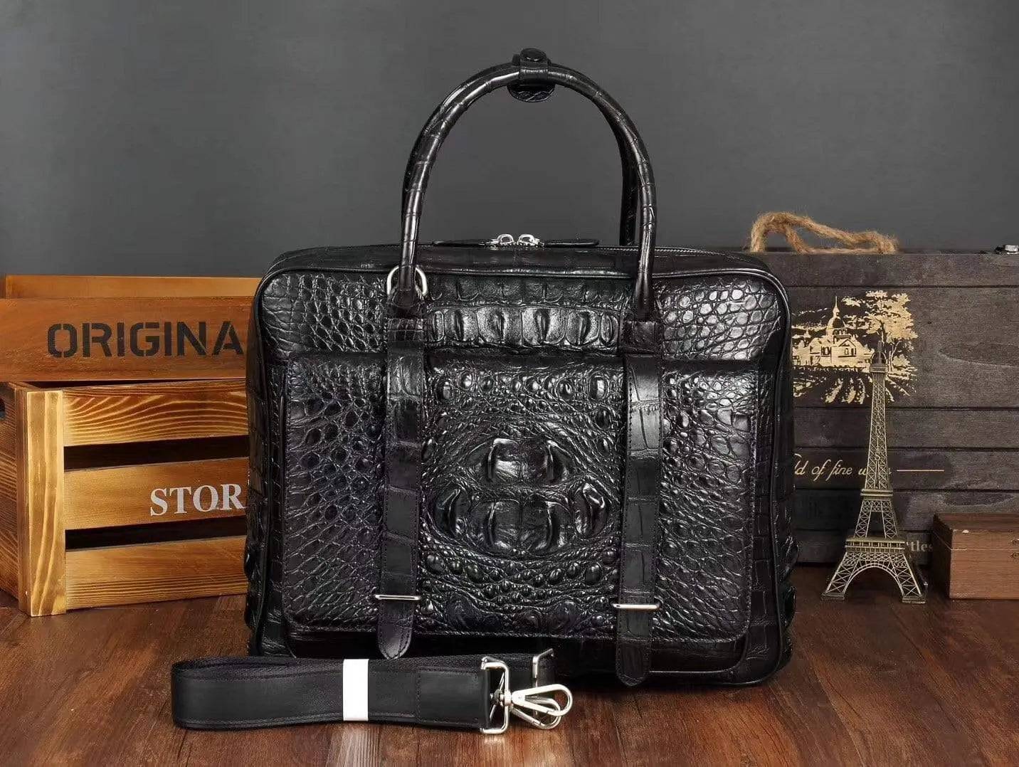 Men's crocodile leather large briefcase with front pocket, messenger bag, and laptop compartment by Rossie Viren.