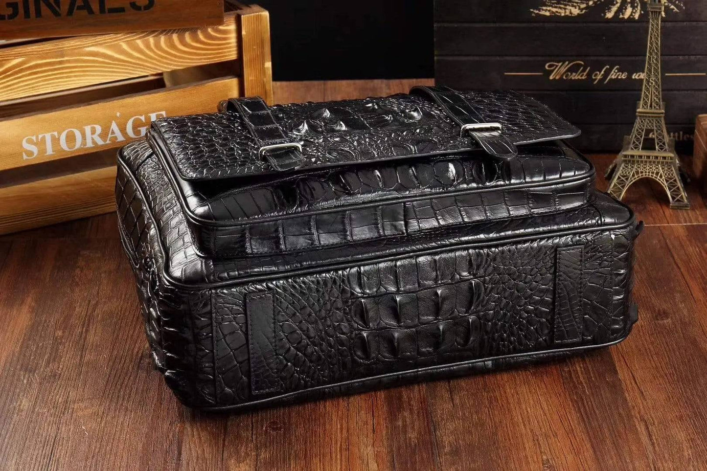 Men's crocodile leather briefcase and messenger bag by Rossie Viren, large laptop bag with front pocket and sturdy handle.