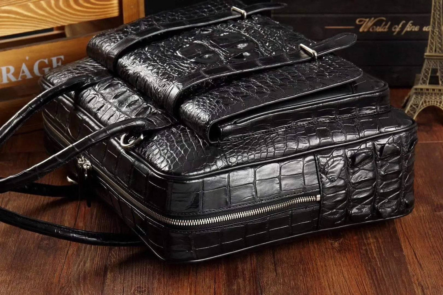 Men's crocodile leather large briefcase and messenger bag with front pocket, Rossie Viren, stylish laptop and document carrier
