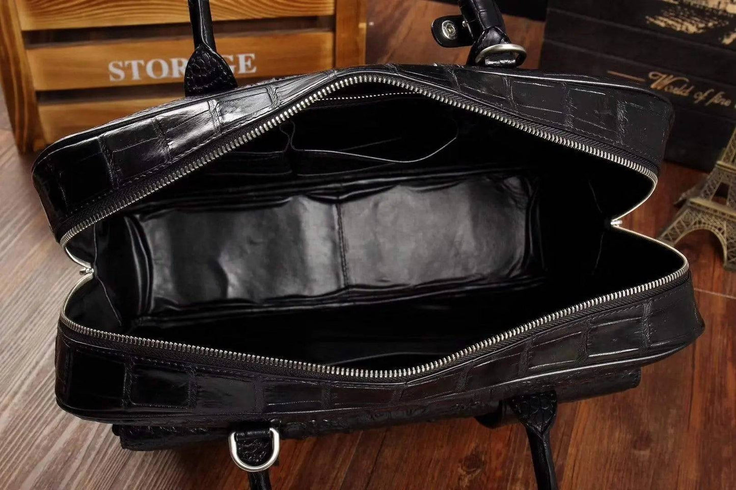 Men's crocodile leather briefcase by Rossie Viren, large messenger bag with front pocket and space for laptops.