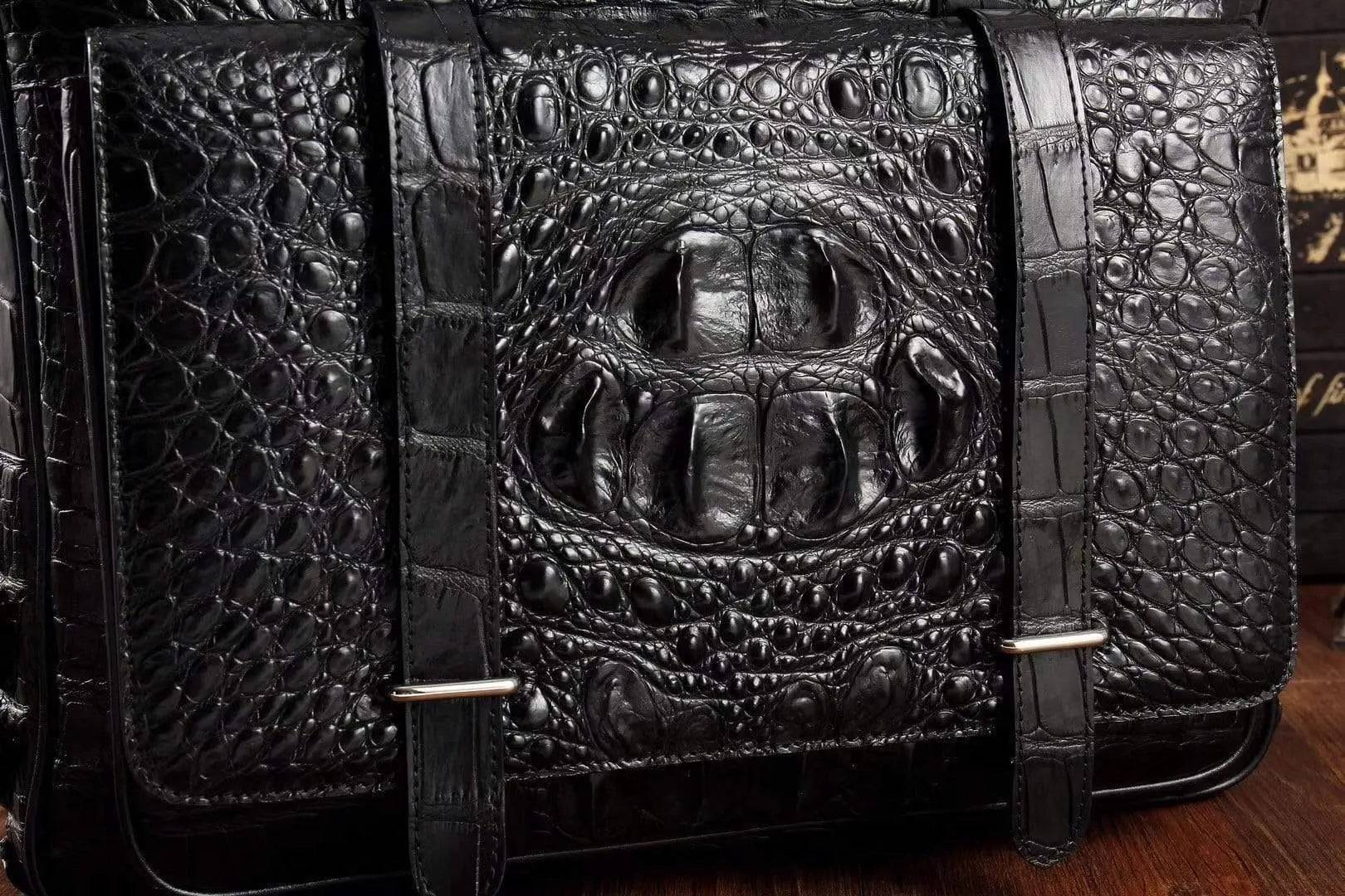 Men's crocodile leather large briefcase and messenger bag by Rossie Viren, featuring a front pocket and spacious interior for laptops.