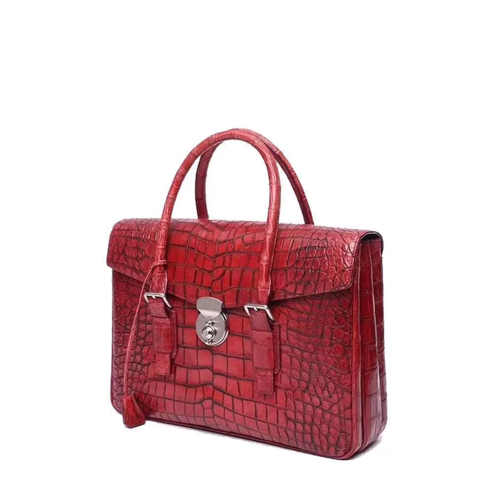 Men's genuine crocodile leather flapover briefcase by Rossie Viren, featuring a sleek professional handbag design.
