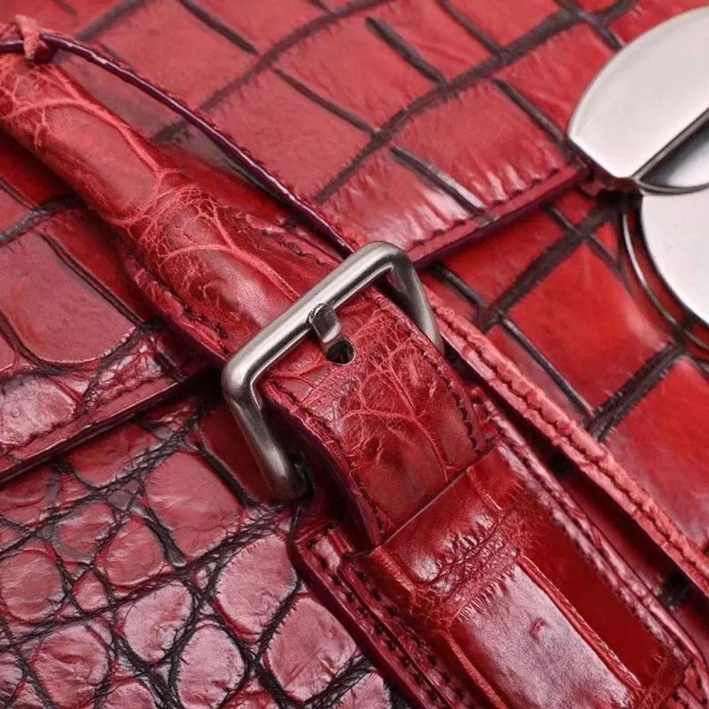 Men's genuine crocodile leather flapover briefcase handbag by Rossie Viren, showcasing textured crocodile skin and sleek design.