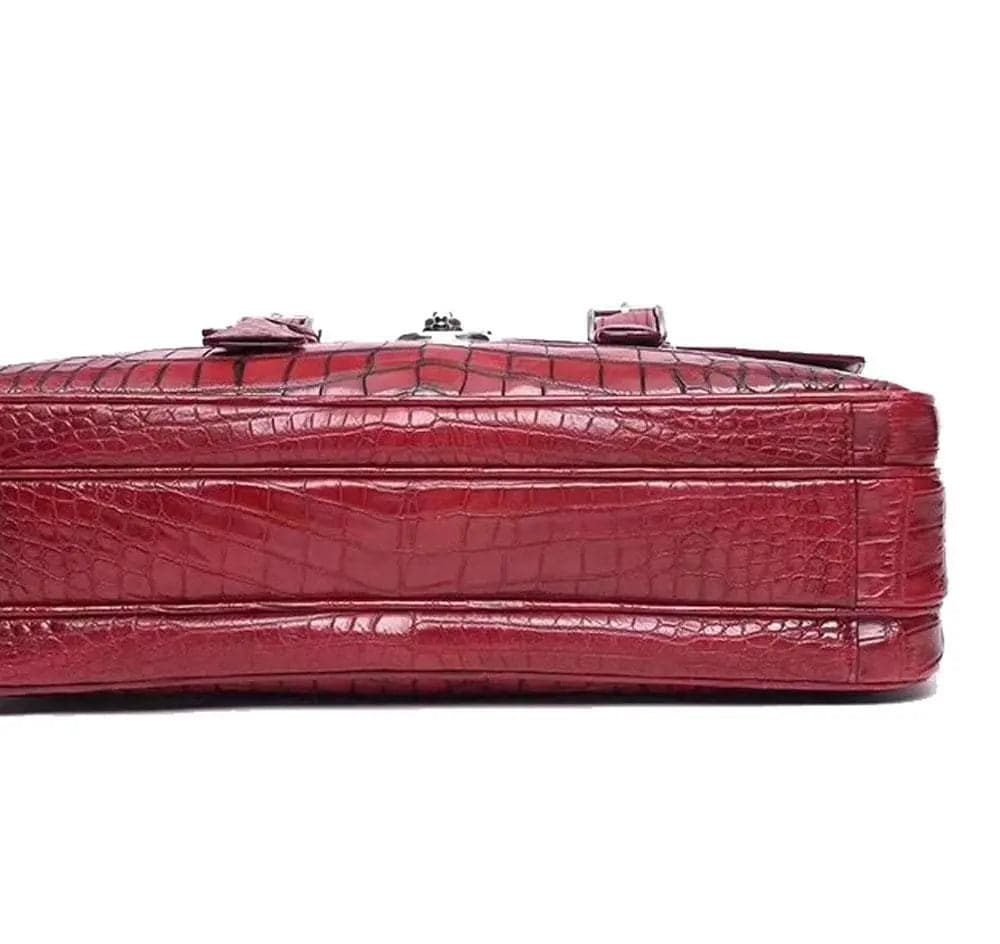 Men's genuine crocodile leather flapover briefcase by Rossie Viren, showing its textured crocodile pattern and polished leather finish.