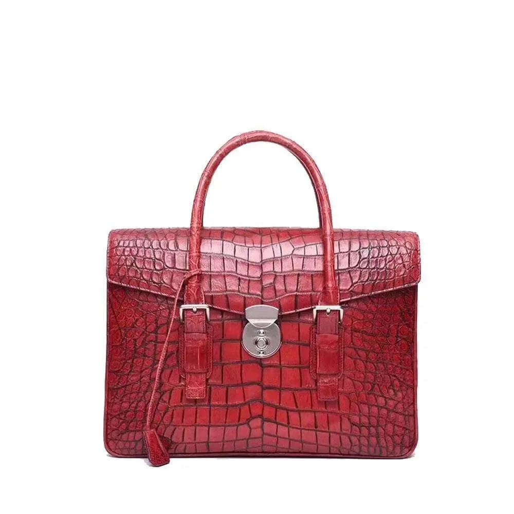 Men's genuine crocodile leather flapover briefcase by Rossie Viren, featuring a sleek design and sturdy handle.
