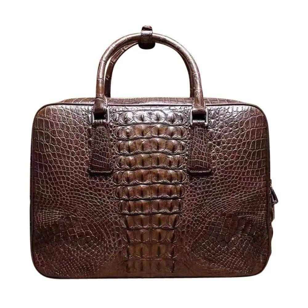 Men's genuine crocodile leather business briefcase bag by Rossie Viren, featuring a passcode lock and laptop compartment.