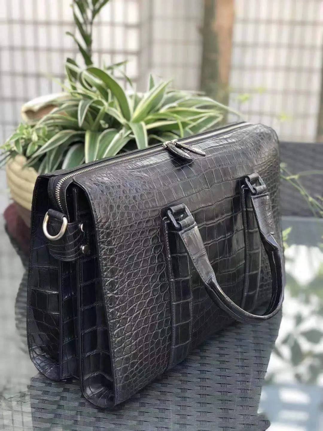 Men's crocodile leather doctor bag by Rossie Viren, featuring a spacious design for laptops and essentials, crafted in premium leather.