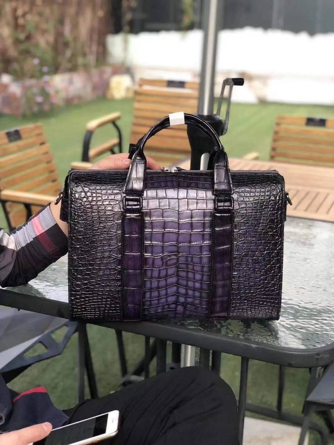 Men's crocodile leather doctor bag handbag with laptop compartment, Rossie Viren brand, featuring a structured design and sturdy handle.
