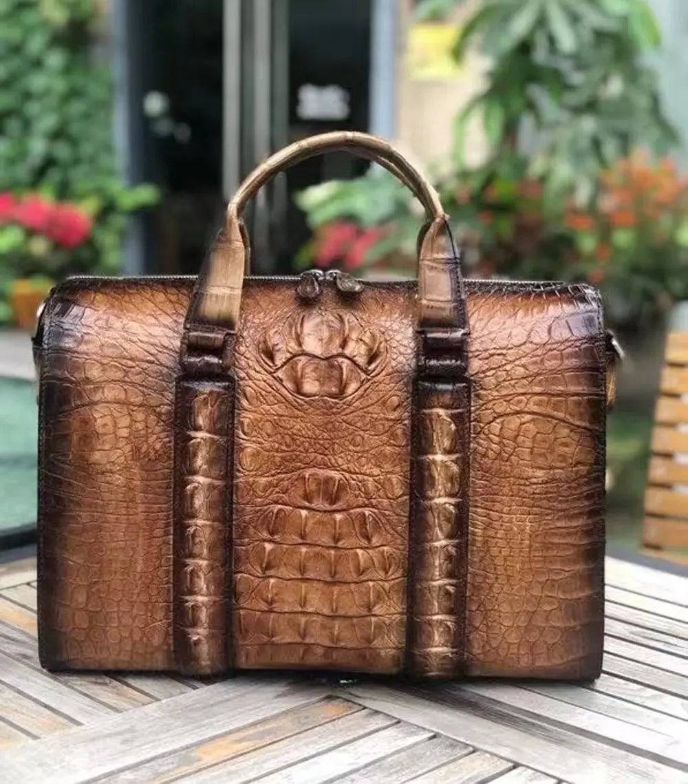 Rossie Viren men's crocodile leather doctor bag with handles and a laptop compartment, crafted for professional use.