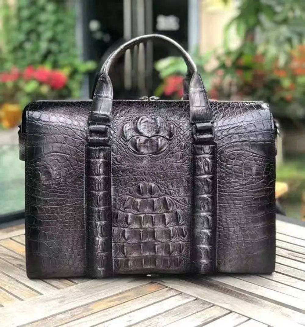 Mens crocodile leather doctor bag with handles, designed for laptops, by Rossie Viren, featuring a classic, professional handbag style.