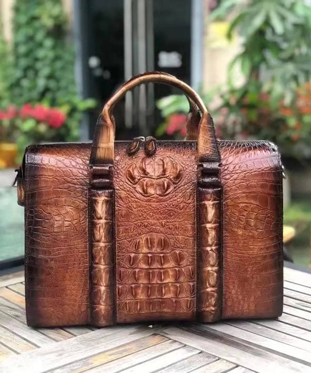 Men's crocodile leather doctor bag handbag with handles and laptop compartment, crafted by Rossie Viren.