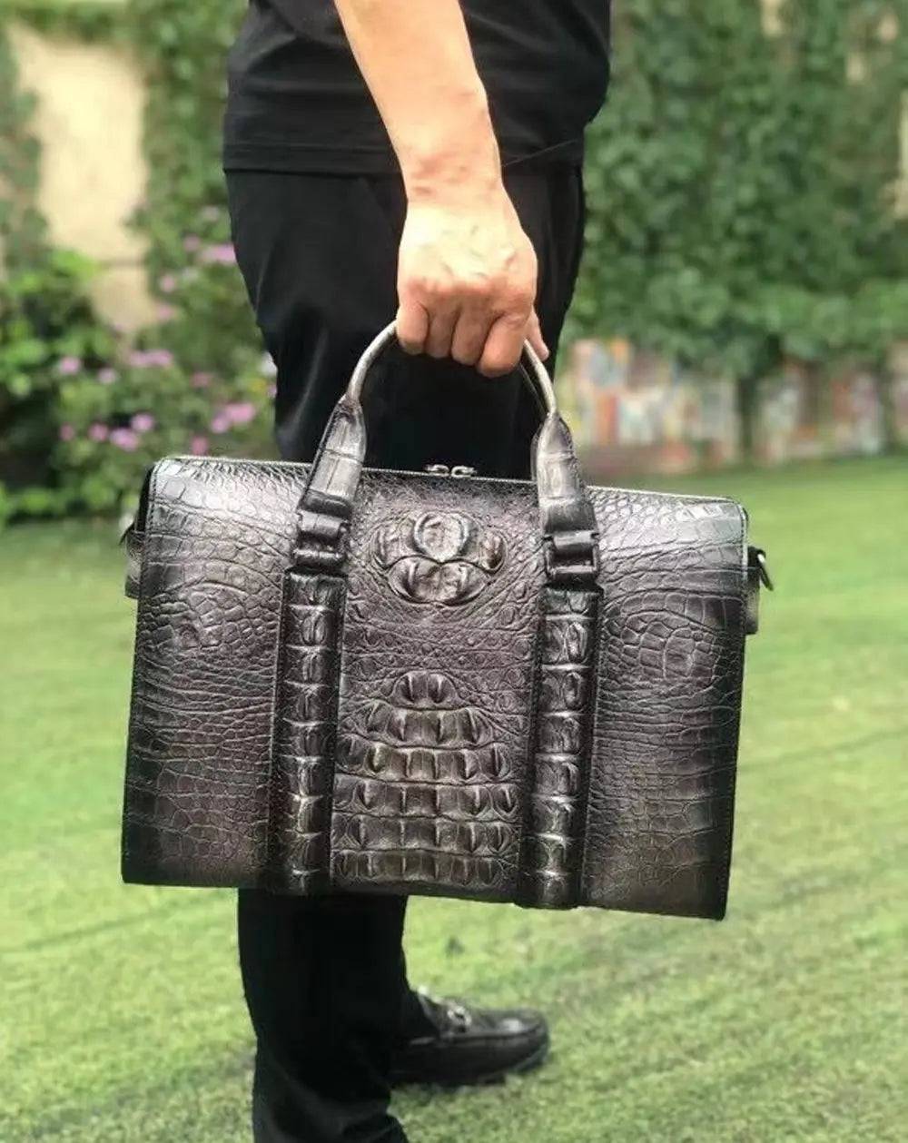Mens crocodile leather doctor bag by Rossie Viren, featuring a spacious laptop compartment and classic handbag design.