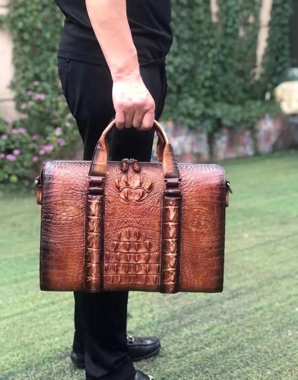 Rossie Viren men's crocodile leather doctor bag with handles, designed for laptops and computers, showcasing a sleek, textured leather handbag.