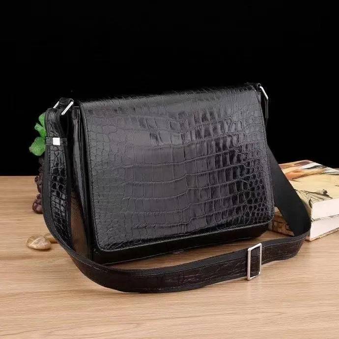 Men's crocodile leather messenger bag for laptop, black crocodile cross body bag with adjustable strap from Crocodile Leather Bags And Shoes.