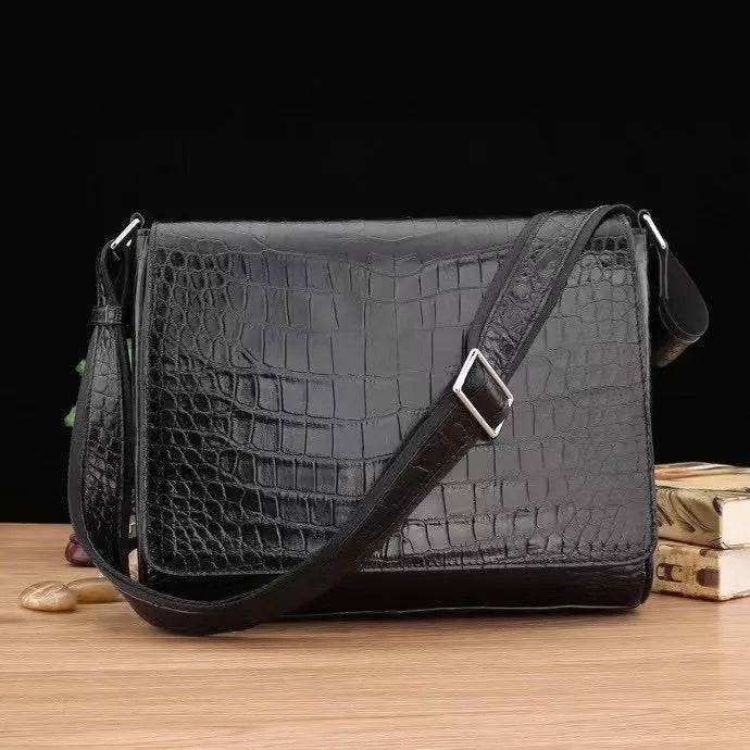 Men's crocodile leather messenger bag for laptop, crocodile cross body bag with adjustable strap and sleek design.