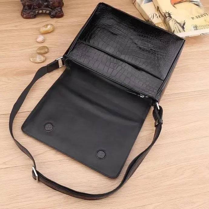 Mens crocodile leather messenger bag with adjustable crossbody strap, designed for laptops and stylish everyday use.