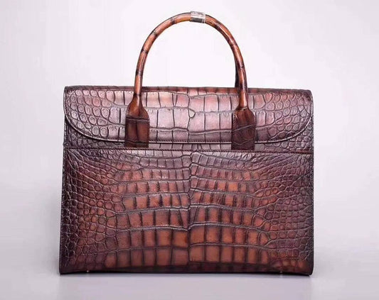 Mens Large Vintage Brown Crocodile Leather Foldover Briefcase
