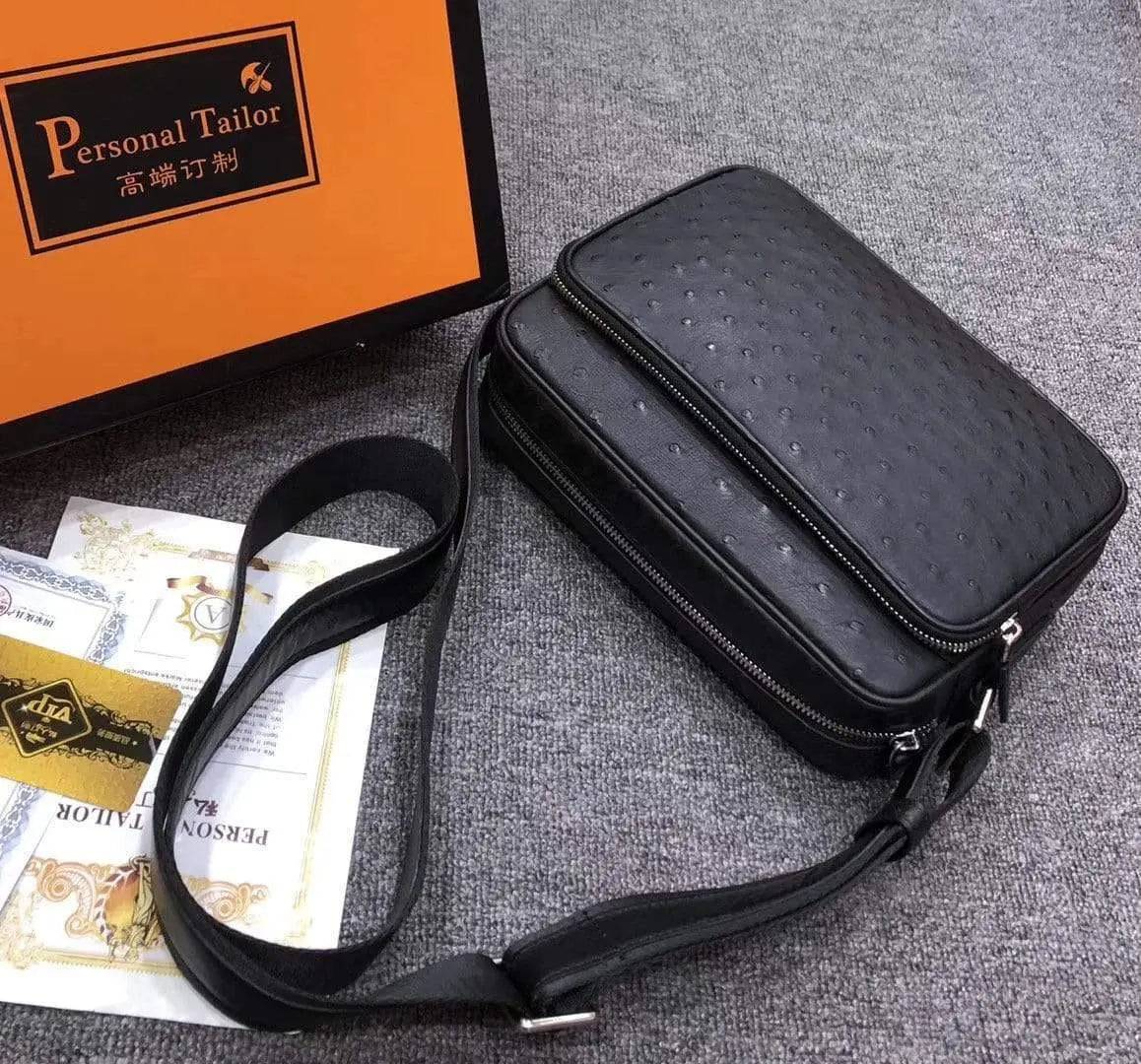 Mens messenger bag made of ostrich leather by Rossie Viren, cross-body shoulder bag with a sleek, stylish design.