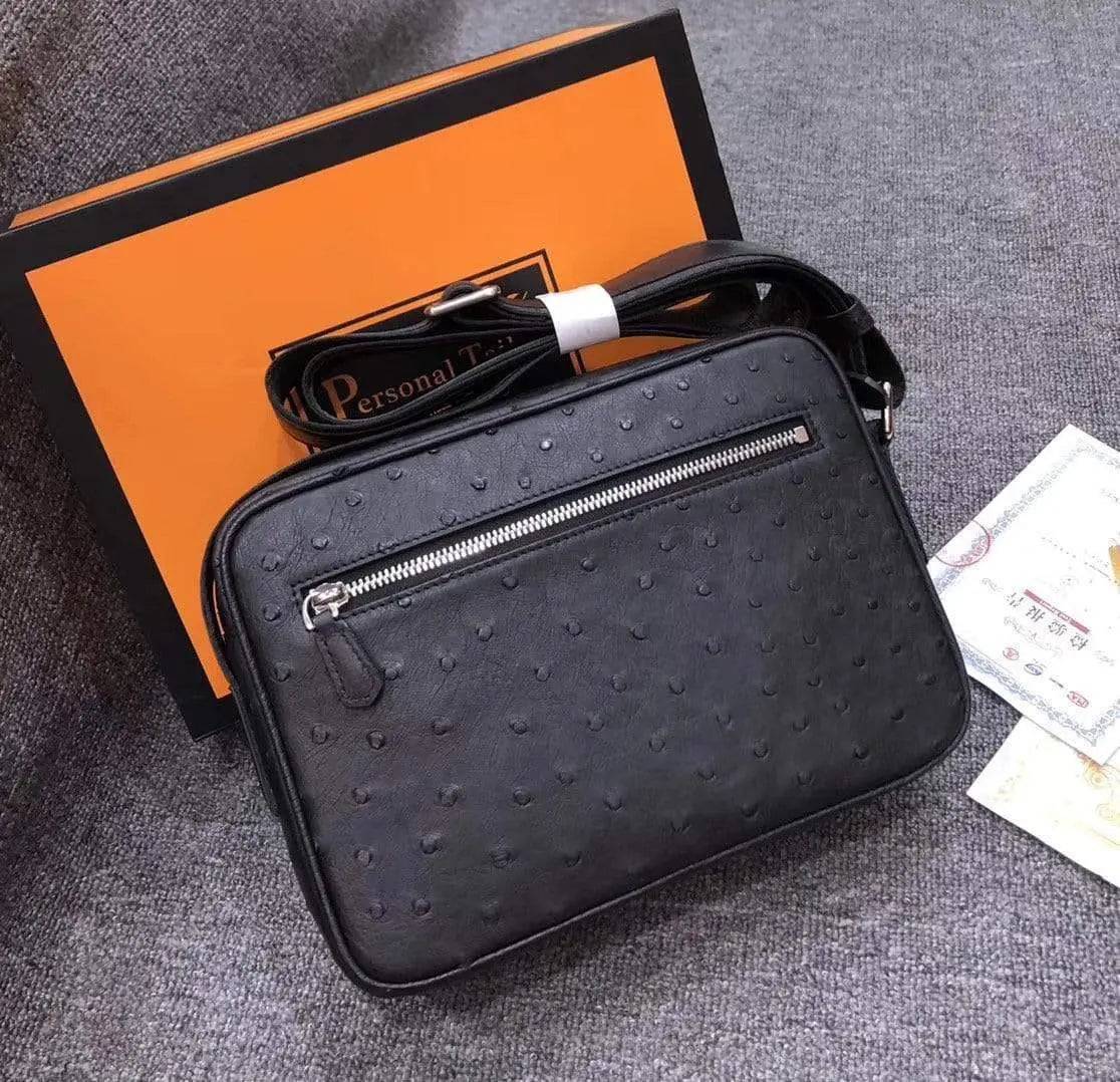 Men's messenger bag made of ostrich leather by Rossie Viren, cross-body shoulder bag with a sleek, stylish design.