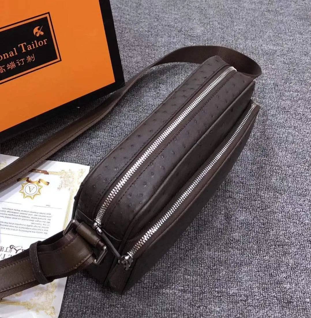 Mens messenger bag made of ostrich leather, Rossie Viren cross-body shoulder bag with a stylish handbag design.