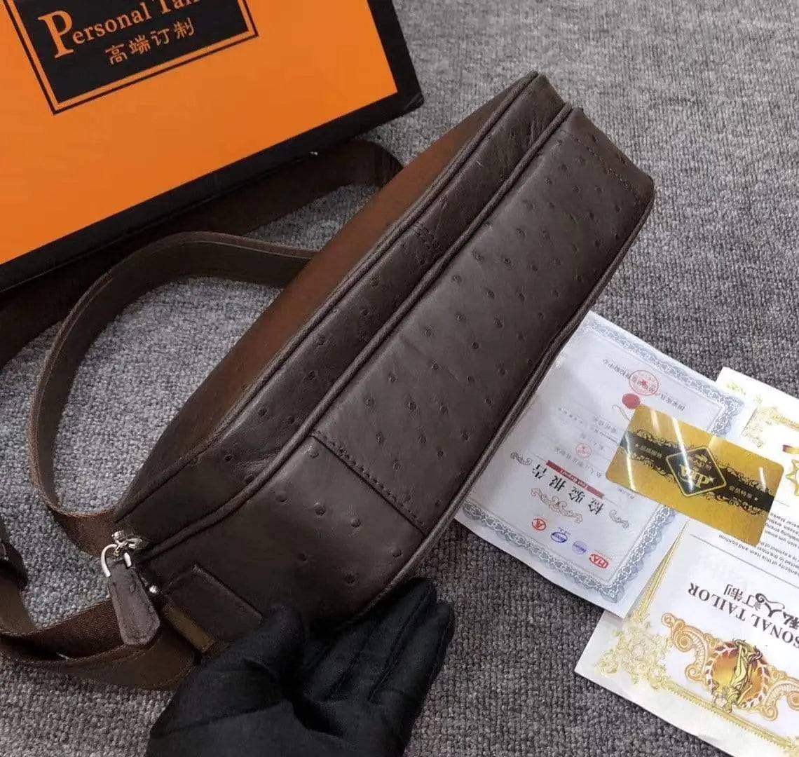 Mens messenger bag made of ostrich leather with cross-body strap, stylish Rossie Viren handbag for everyday use.