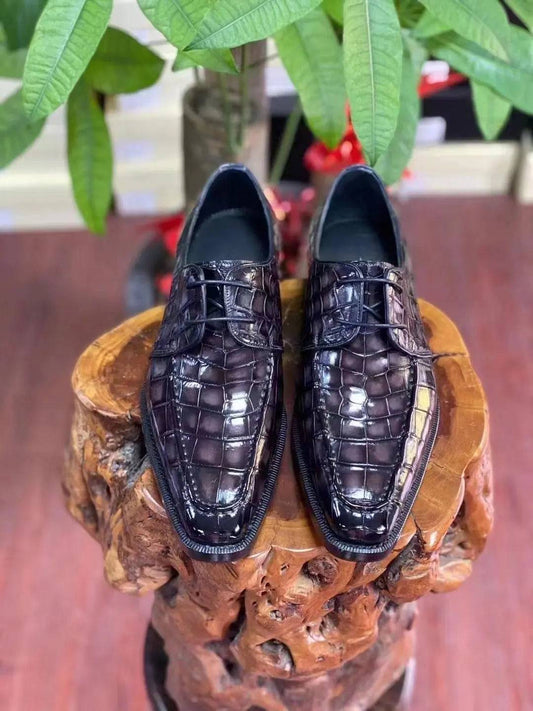 Crocodile Shoes Mens Vintage Smokey Purple Crocodile Leather Business Lace Up Dress Shoes