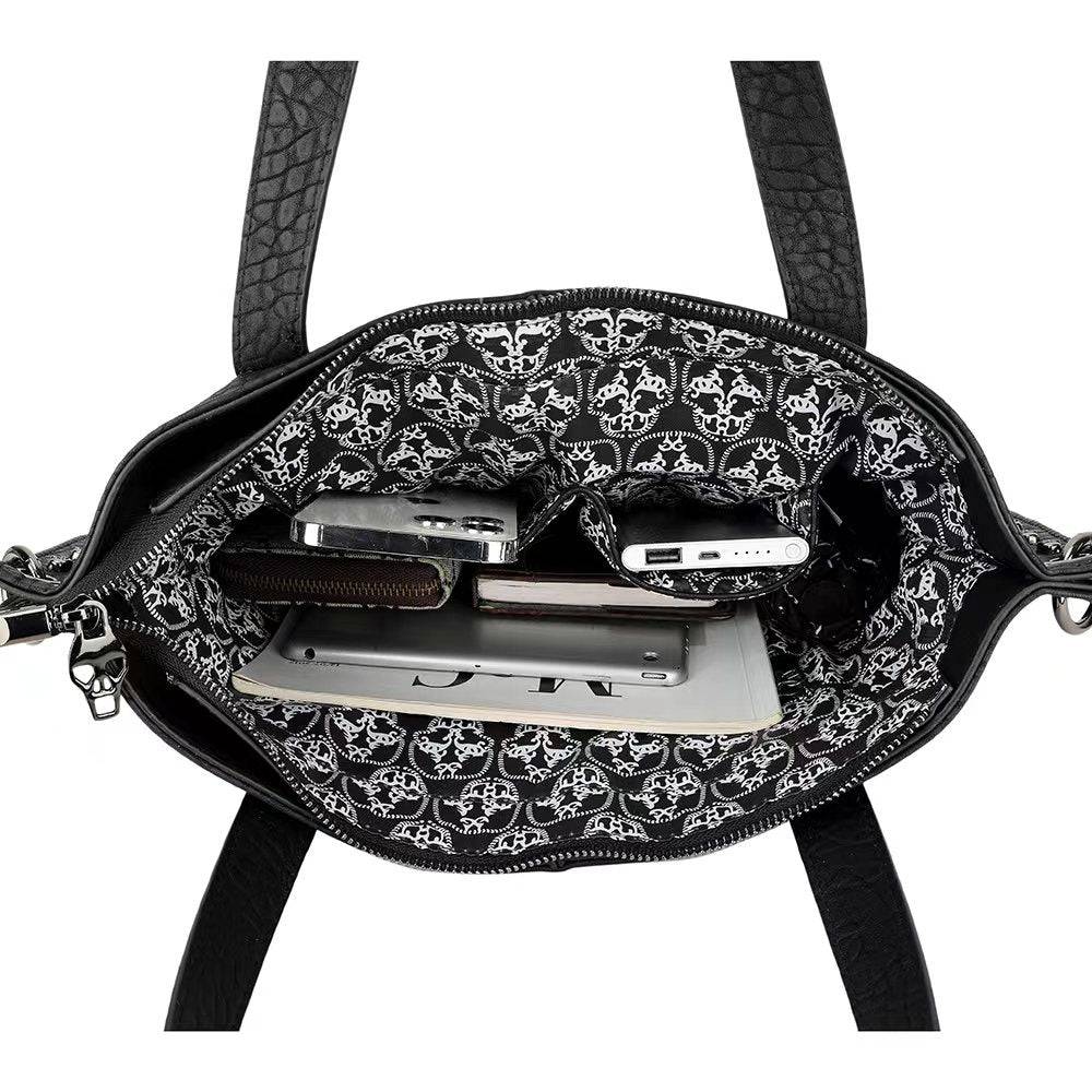 Large Rossie Viren 3D studded skull shopper tote bag with bold skull design and sturdy handles, perfect for stylish everyday use.