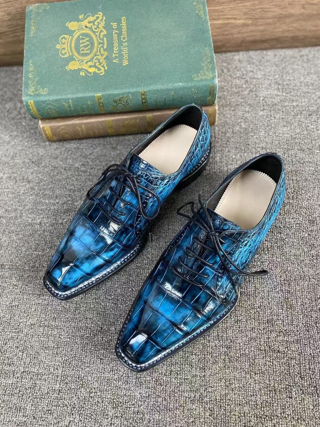 Crocodile Shoes, Men's Vintage Blue Norwegian Sewn Lace Up Shoes