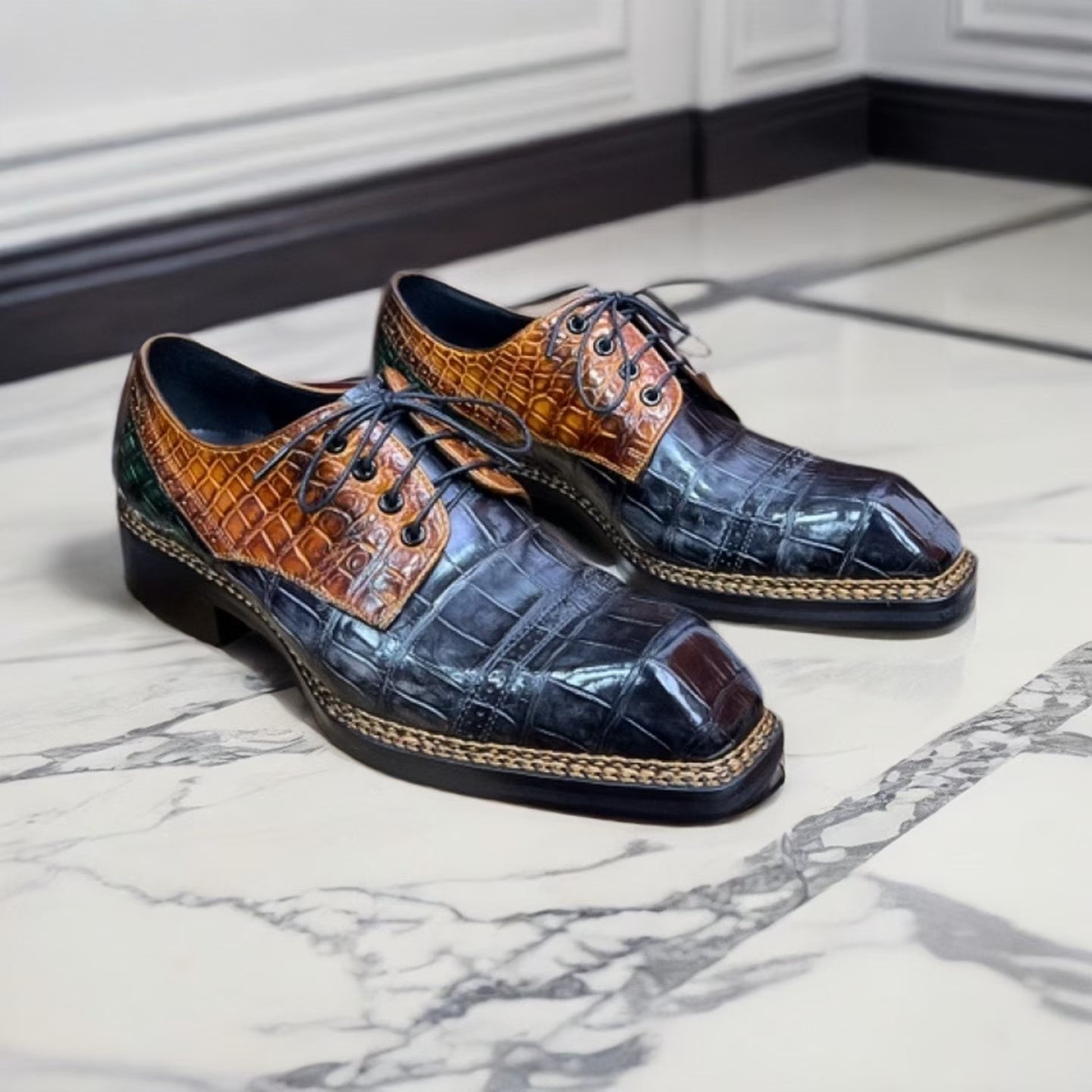 Vintage Rossie Viren crocodile leather dress shoes with Norwegian sewn lace-up design and polished finish.