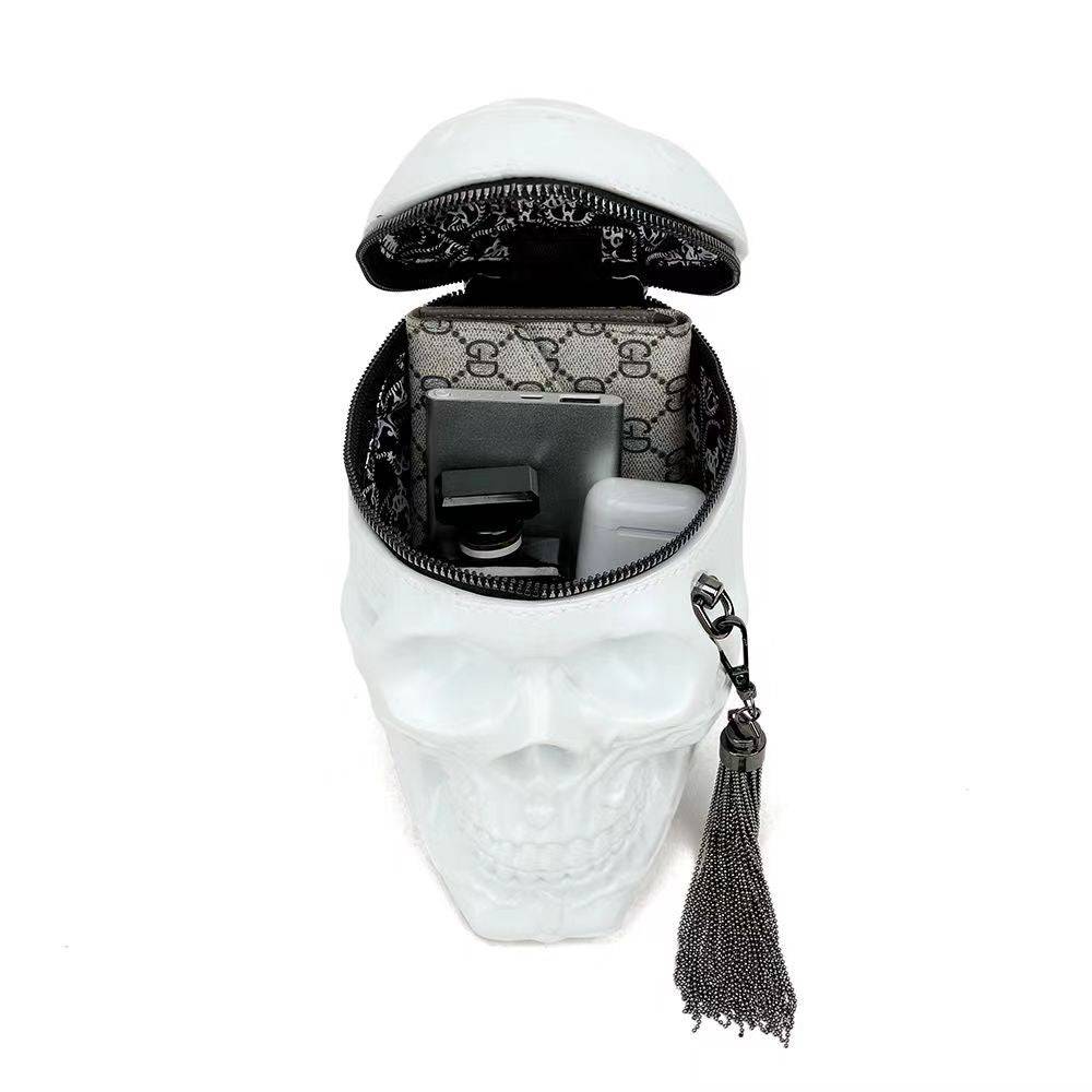 White 3D Skull Messenger Shoulder Bag by Rossie Viren, small size with detailed skull design for stylish carry.
