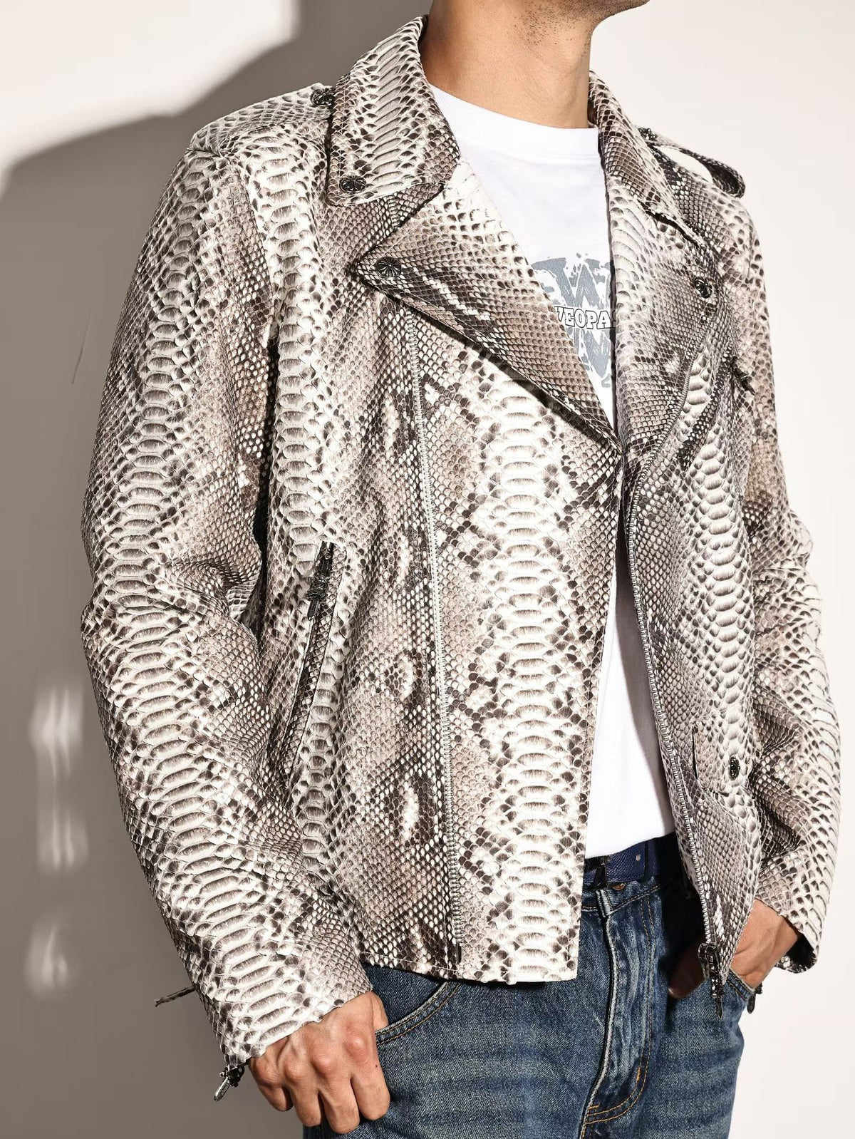 Python Leather Jacket , Mens Python Skin Leather Slim Fit Motorcycle Bomber Biker Jacket