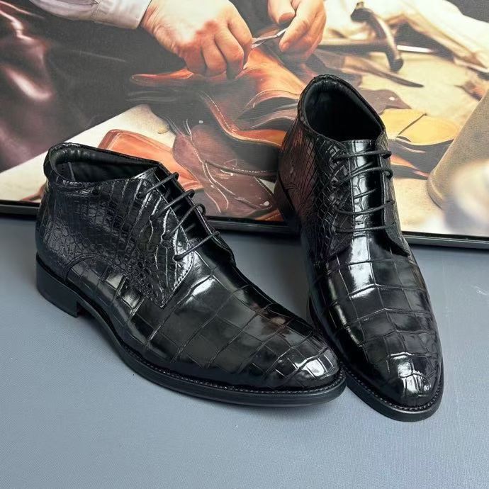Black genuine crocodile leather boots by Rossie Viren, stylish crocodile shoes with intricate textured pattern.